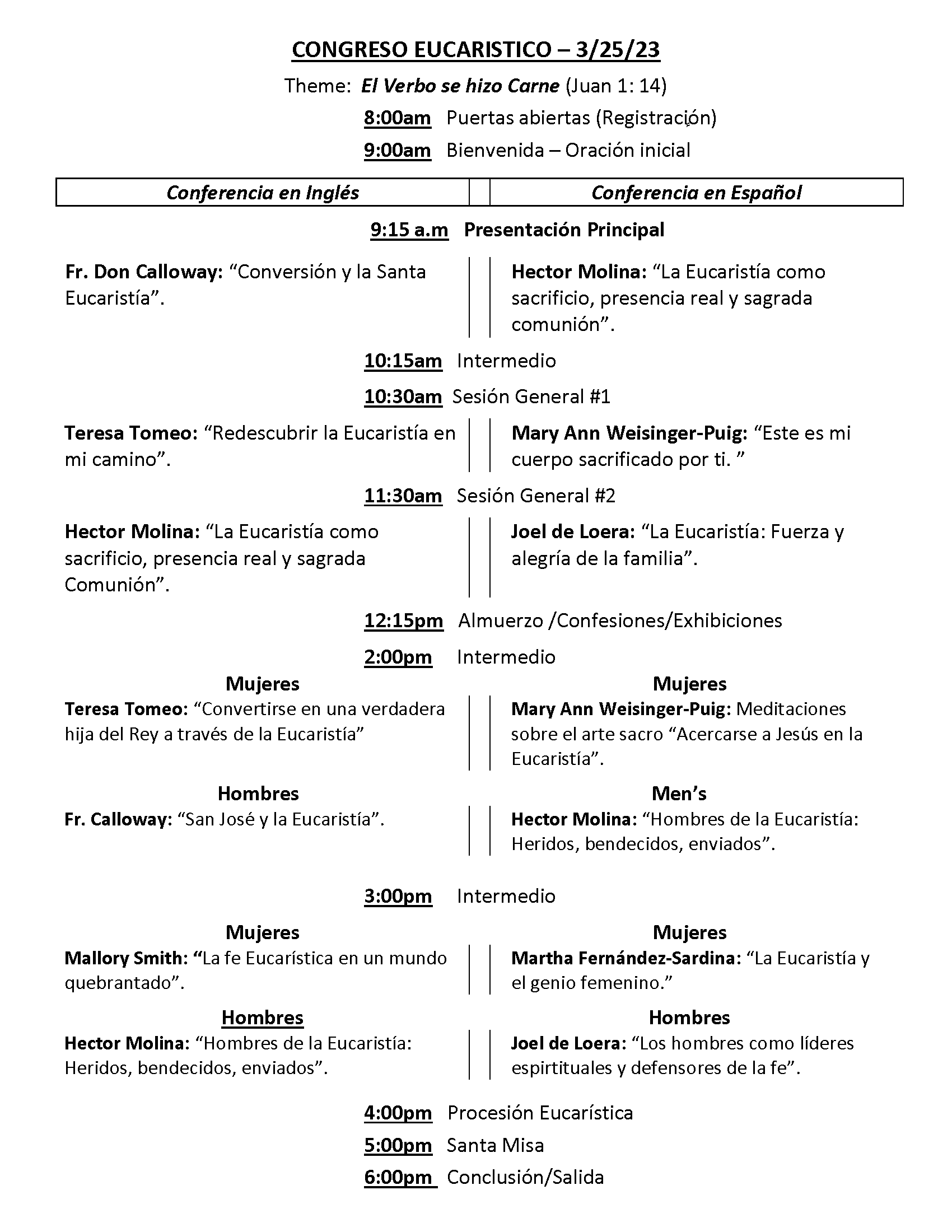 Eucharistic Congress Speakers & Schedule, Spanish