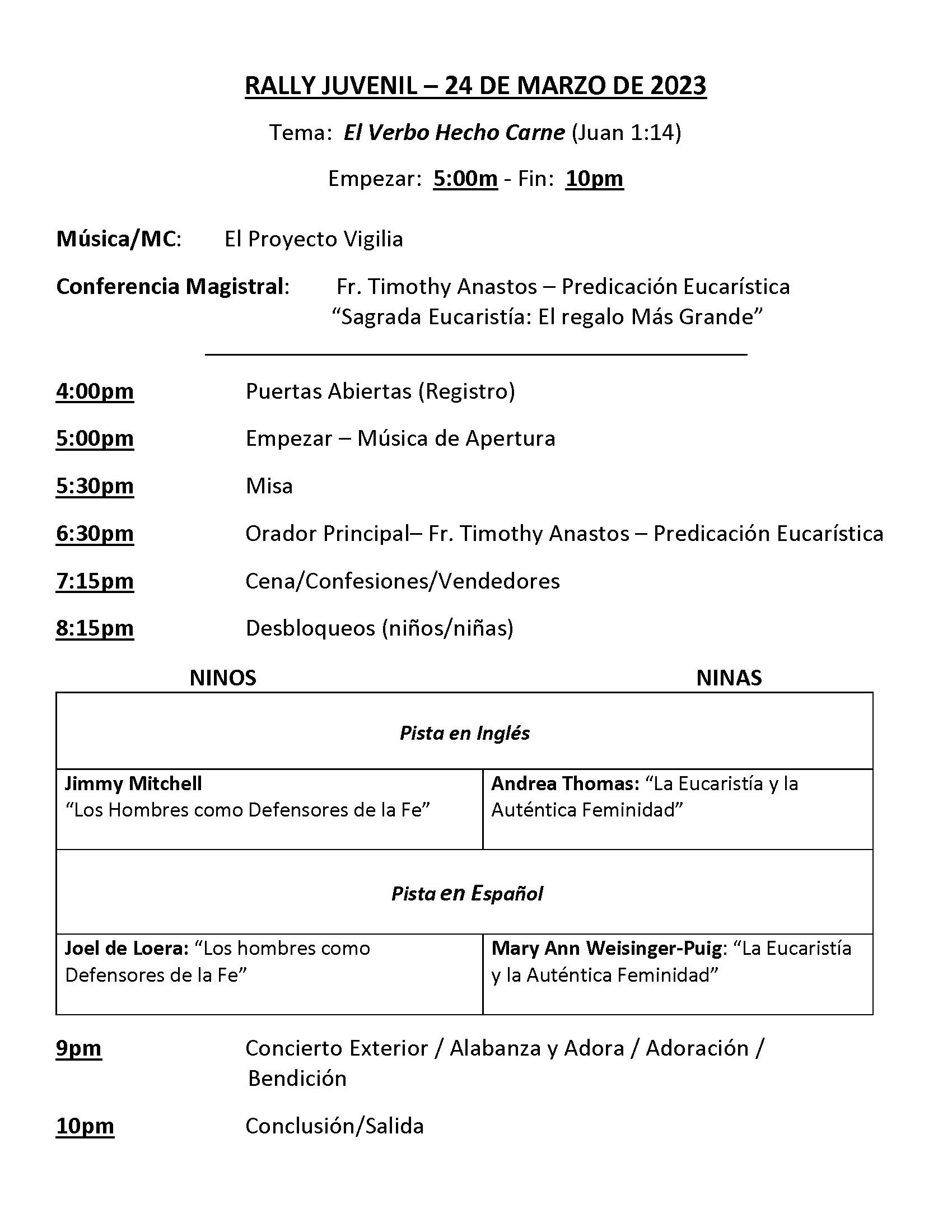 Youth Rally Speakers & Schedule, Spanish